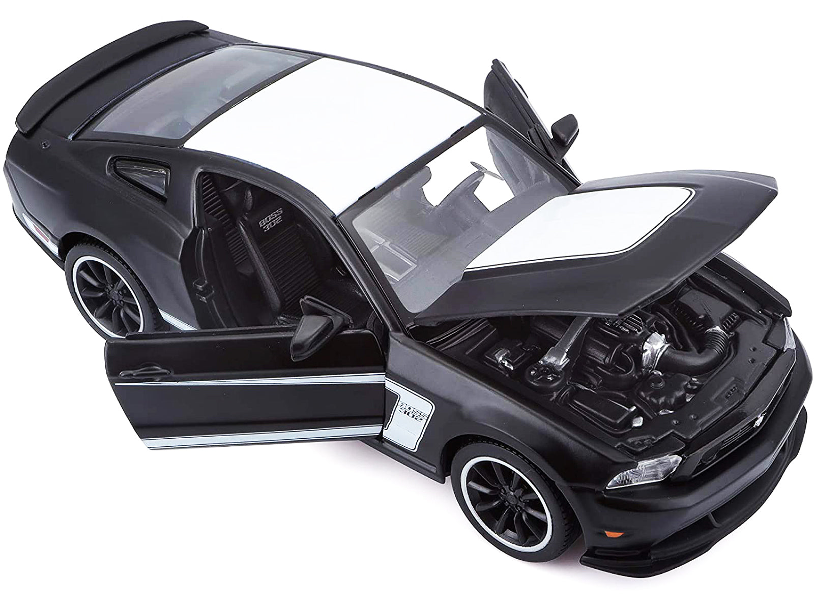 2012 Ford Mustang Boss 302 Matt Black and White 1/24 Diecast Model Car by Maisto-DiecastModeler.com