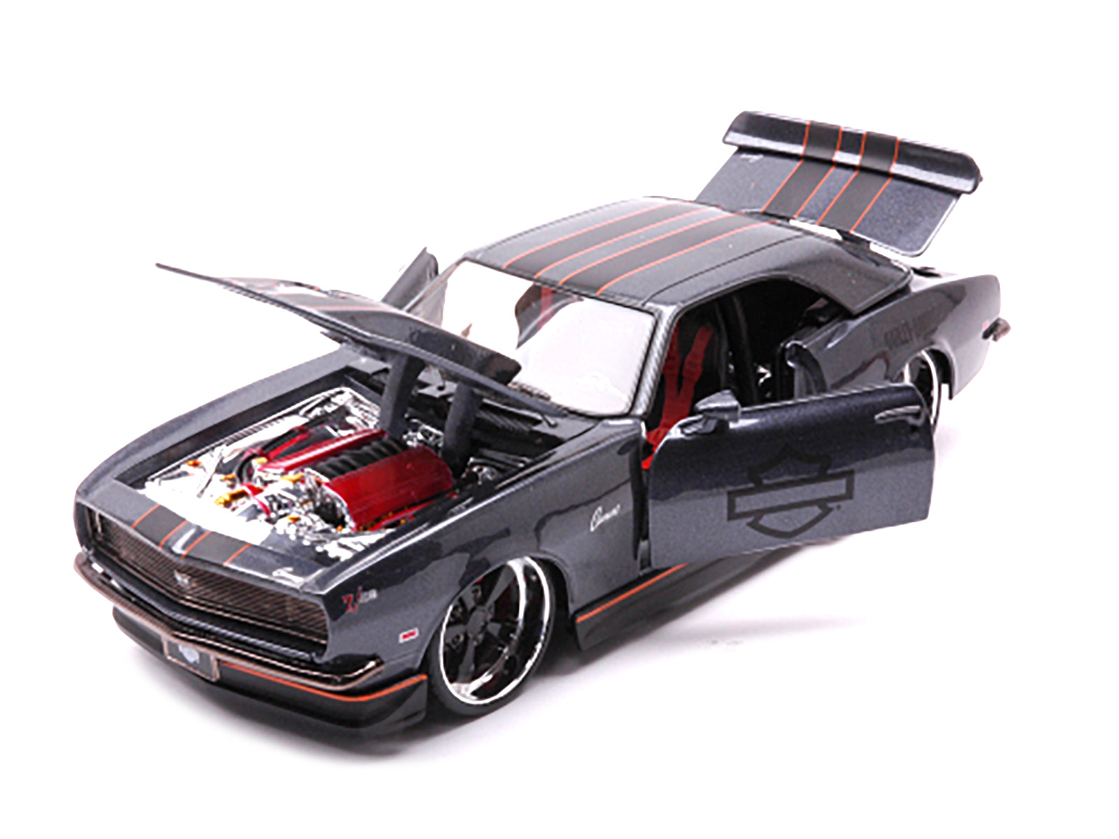 1968 Chevrolet Camaro Z/28 Dark Gray Metallic with Black and Orange Stripes "Harley Davidson" "H-D Custom" 1/24 Diecast Model Car by Maisto-DiecastModeler.com