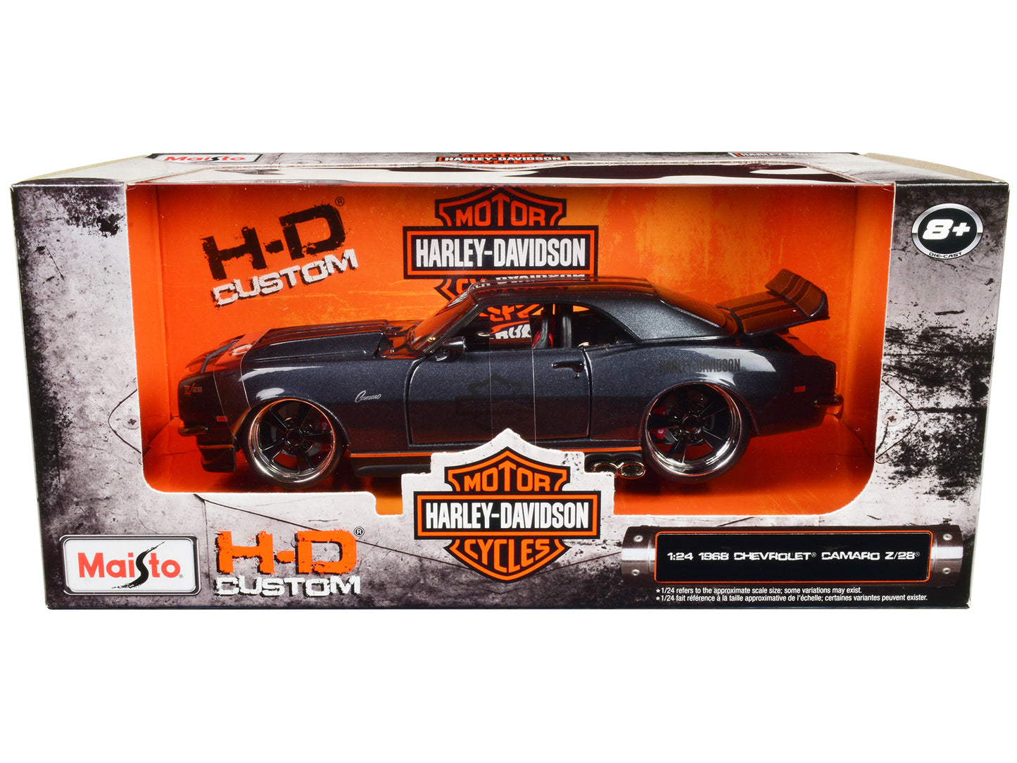 1968 Chevrolet Camaro Z/28 Dark Gray Metallic with Black and Orange Stripes "Harley Davidson" "H-D Custom" 1/24 Diecast Model Car by Maisto-DiecastModeler.com