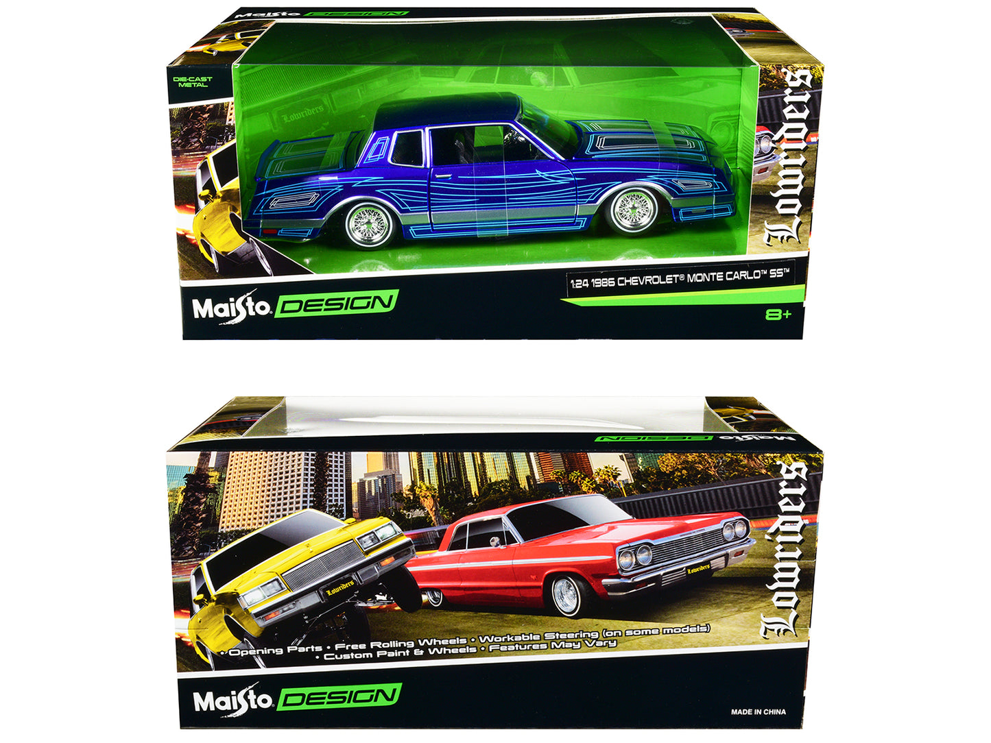 1986 Chevrolet Monte Carlo SS Lowrider Candy Blue with Graphics "Lowriders" Series 1/24 Diecast Model Car by Maisto