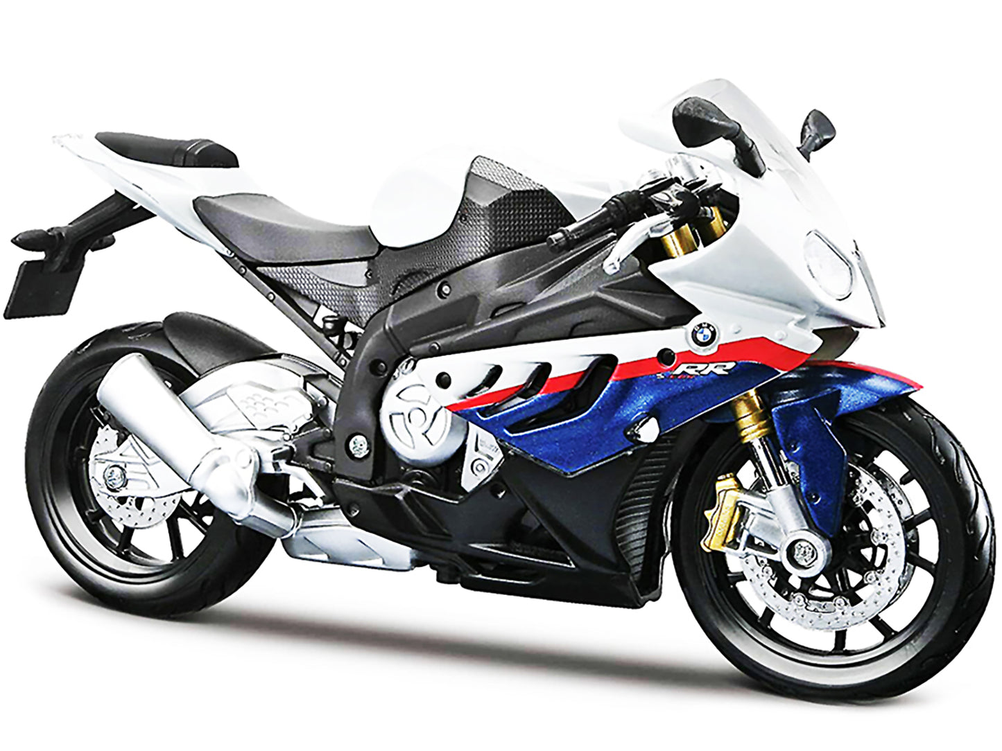 BMW S 1000 RR White with Blue and Red Stripes with Plastic Display Stand 1/12 Diecast Motorcycle Model by Maisto