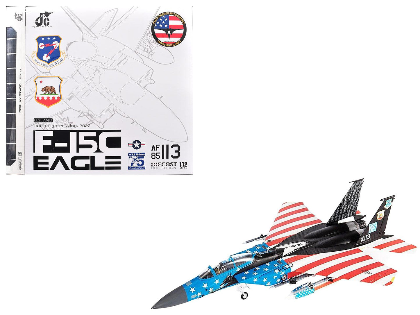 McDonnell Douglas F-15C Eagle Fighter Aircraft "144th Fighter Wing 75th Anniversary Fresno Air National Guard Base California" (2022) United States Air National Guard 1/72 Diecast Model by JC Wings-DiecastModeler.com