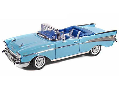 1957 Chevrolet Bel Air Convertible Light Blue with Blue Interior 1/18 Diecast Model Car by Motormax