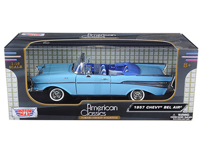 1957 Chevrolet Bel Air Convertible Light Blue with Blue Interior 1/18 Diecast Model Car by Motormax