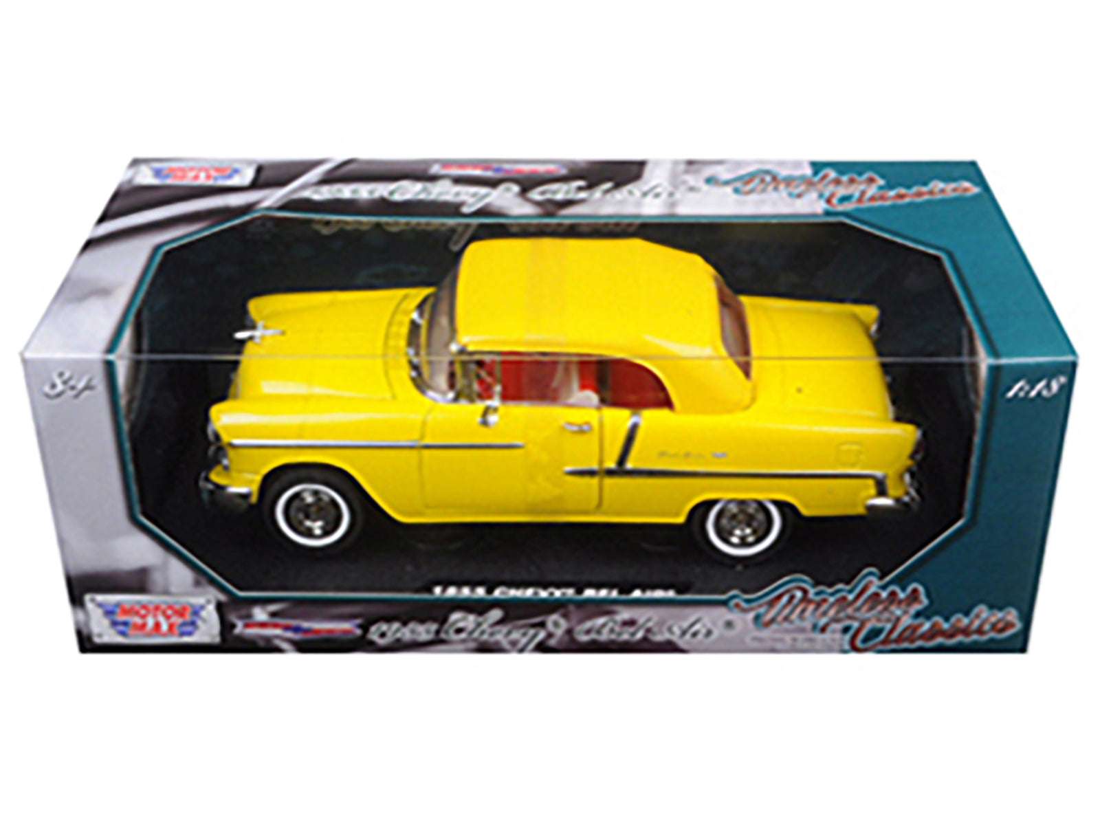 1955 Chevrolet Bel Air Convertible Soft Top Yellow "Timeless Classics" 1/18 Diecast Model Car by Motormax-DiecastModeler.com