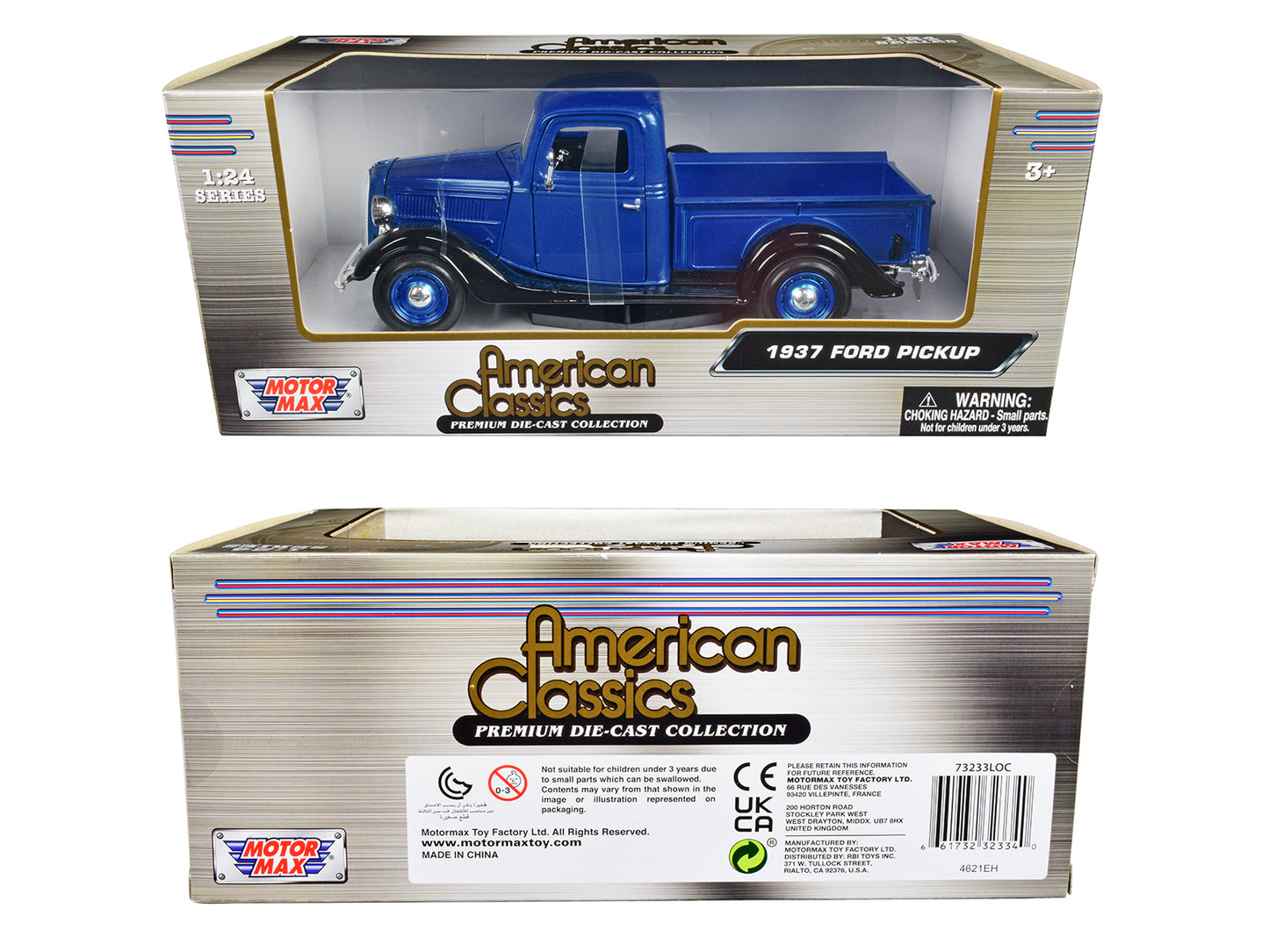 1937 Ford Pickup Truck Blue Metallic and Black "American Classics" 1/24 Diecast Model Car by Motormax-DiecastModeler.com