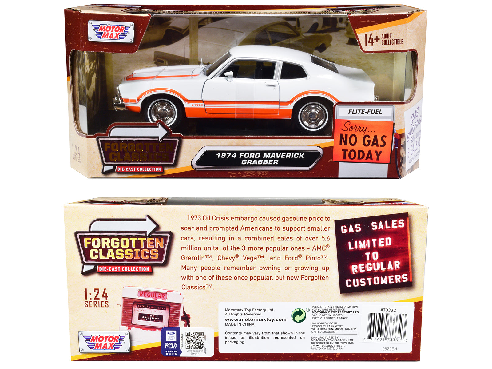 1974 Ford Maverick Grabber White with Orange Stripes "Forgotten Classics" Series 1/24 Diecast Model Car by Motormax-DiecastModeler.com