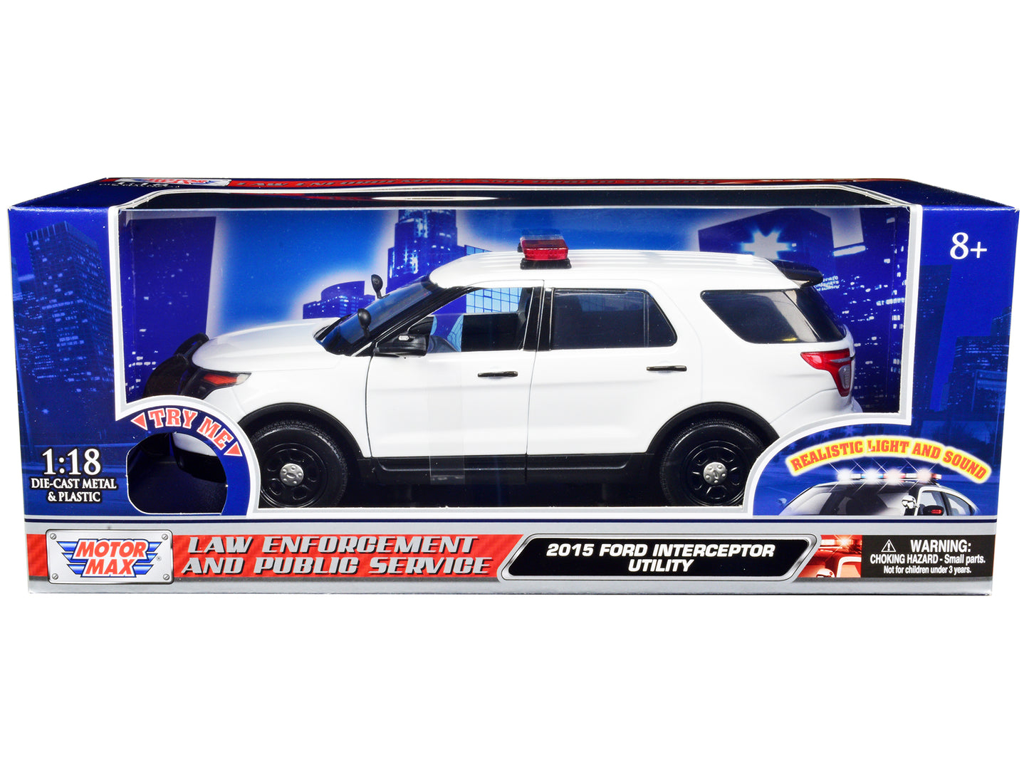 2015 Ford Police Interceptor Utility White with Flashing Light Bar and Front and Rear Lights and 2 Sounds 1/18 Diecast Model Car by Motormax