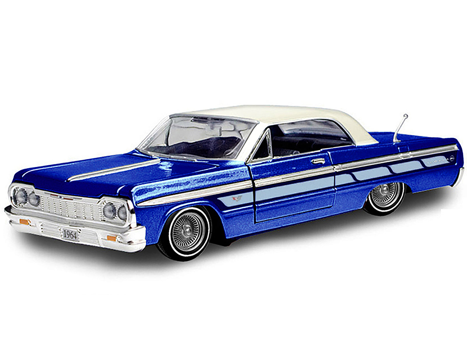 1964 Chevrolet Impala Lowrider Hard Top Candy Blue Metallic with Cream Top "Get Low" Series 1/24 Diecast Model Car by Motormax-DiecastModeler.com