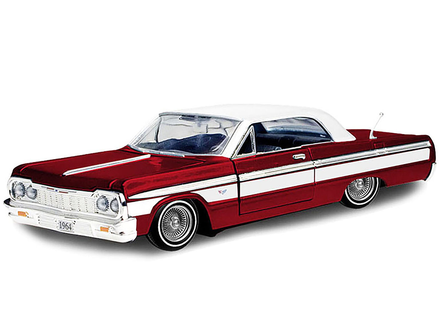 1964 Chevrolet Impala Lowrider Hard Top Candy Red Metallic with White Top "Get Low" Series 1/24 Diecast Model Car by Motormax-DiecastModeler.com