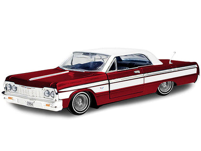 1964 Chevrolet Impala Lowrider Hard Top Candy Red Metallic with White Top "Get Low" Series 1/24 Diecast Model Car by Motormax-DiecastModeler.com