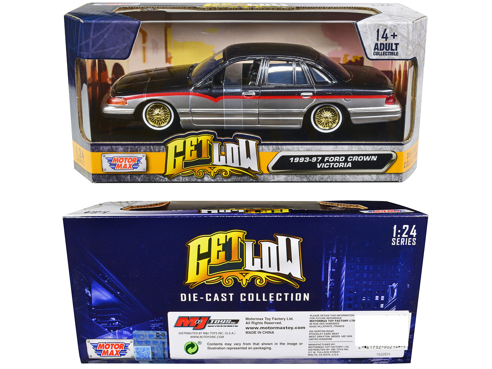 1993-1997 Ford Crown Victoria Lowrider Black Metallic and Silver with Red Stripes "Get Low" Series 1/24 Diecast Model Car by Motormax-DiecastModeler.com