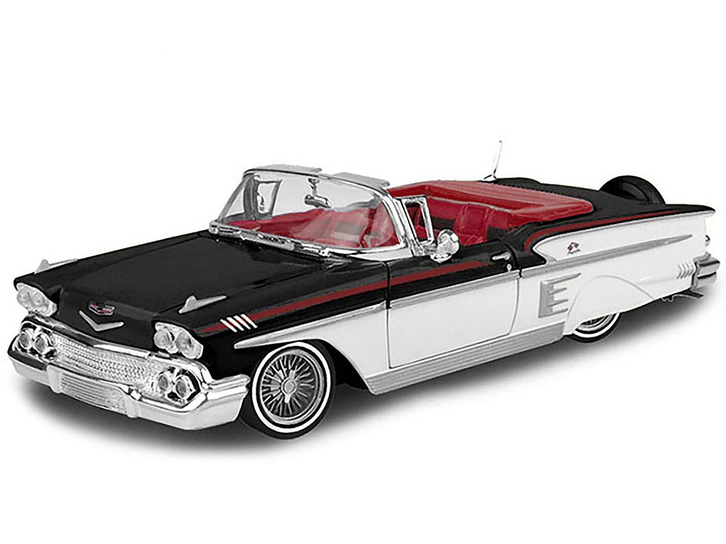1958 Chevrolet Impala Convertible Lowrider Black and White with Red Interior "Get Low" Series 1/24 Diecast Model Car by Motormax