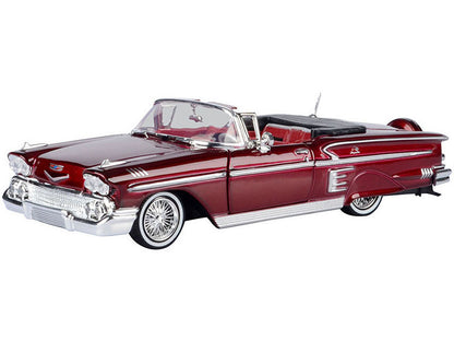 1958 Chevrolet Impala Convertible Lowrider Dark Red Metallic with Red Interior "Get Low" Series 1/24 Diecast Model Car by Motormax