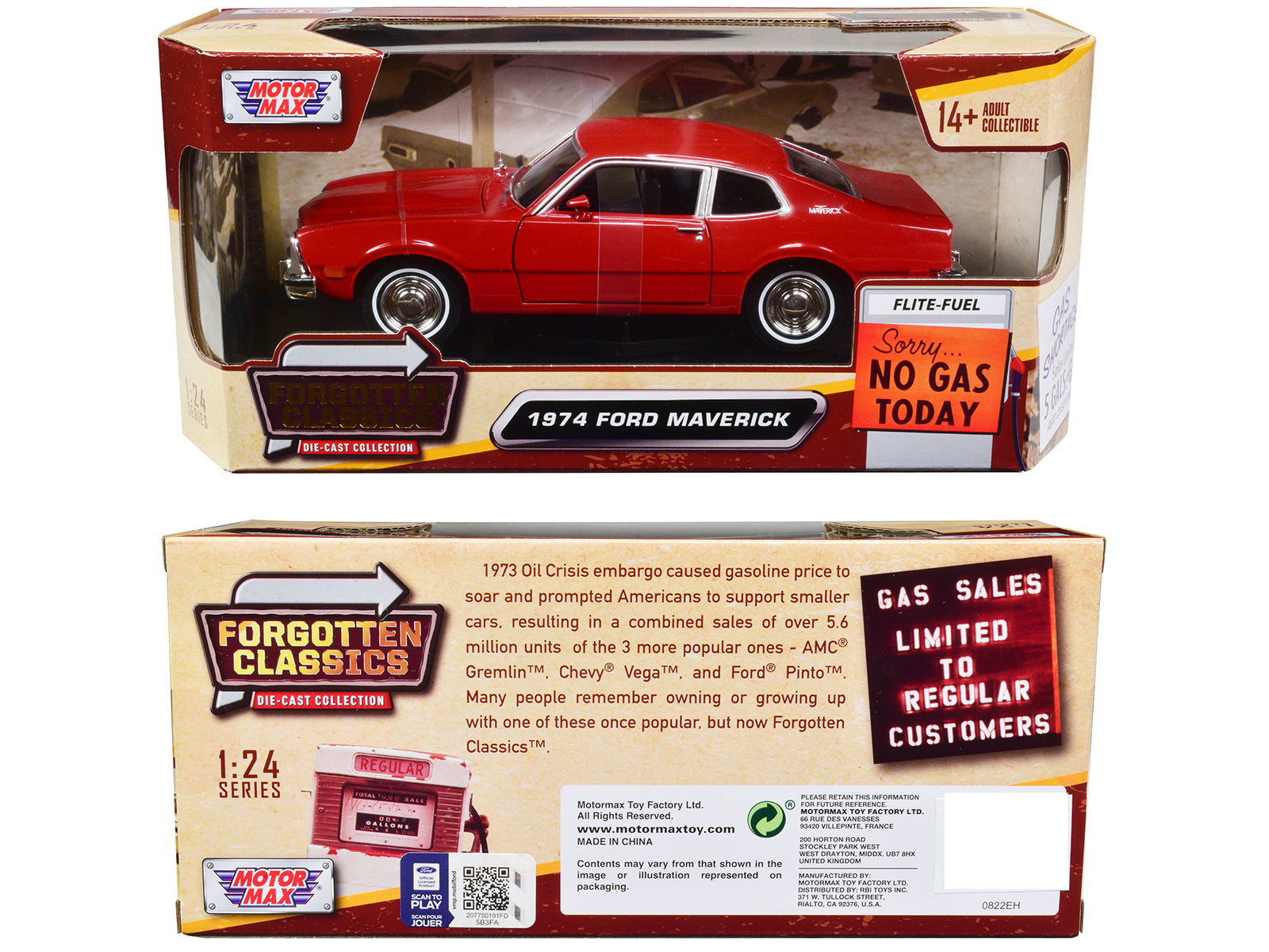 1974 Ford Maverick Red "Forgotten Classics" Series 1/24 Diecast Model Car by Motormax-DiecastModeler.com