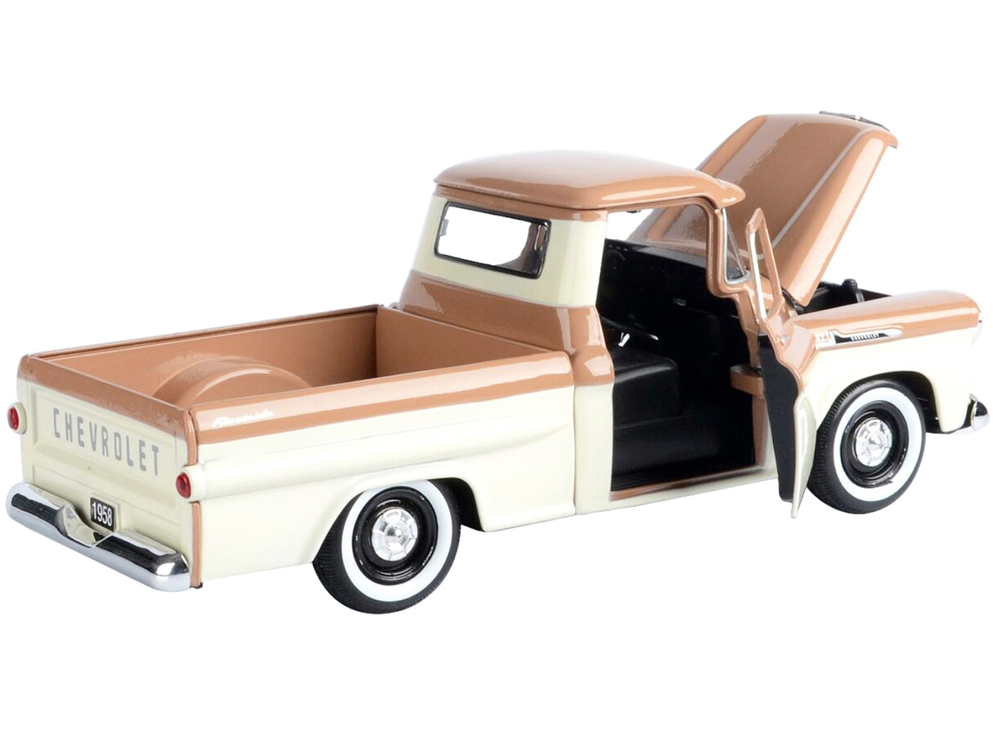 1958 Chevrolet Apache Fleetside Pickup Truck Brown and Beige 1/24 Diecast Model Car by Motormax-DiecastModeler.com