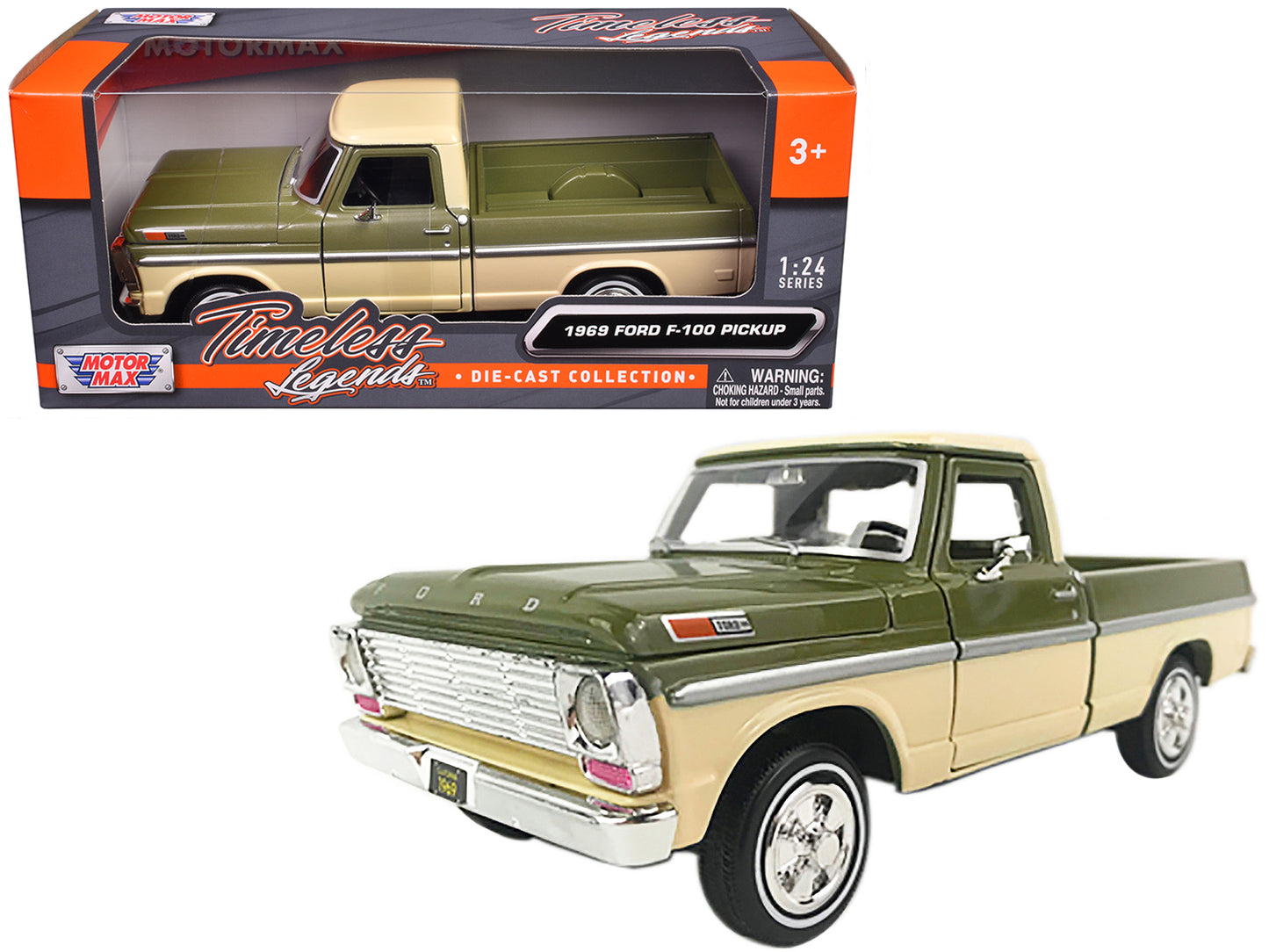 1969 Ford F-100 Pickup Truck Light Green and Cream 1/24 Diecast Model Car by Motormax-DiecastModeler.com