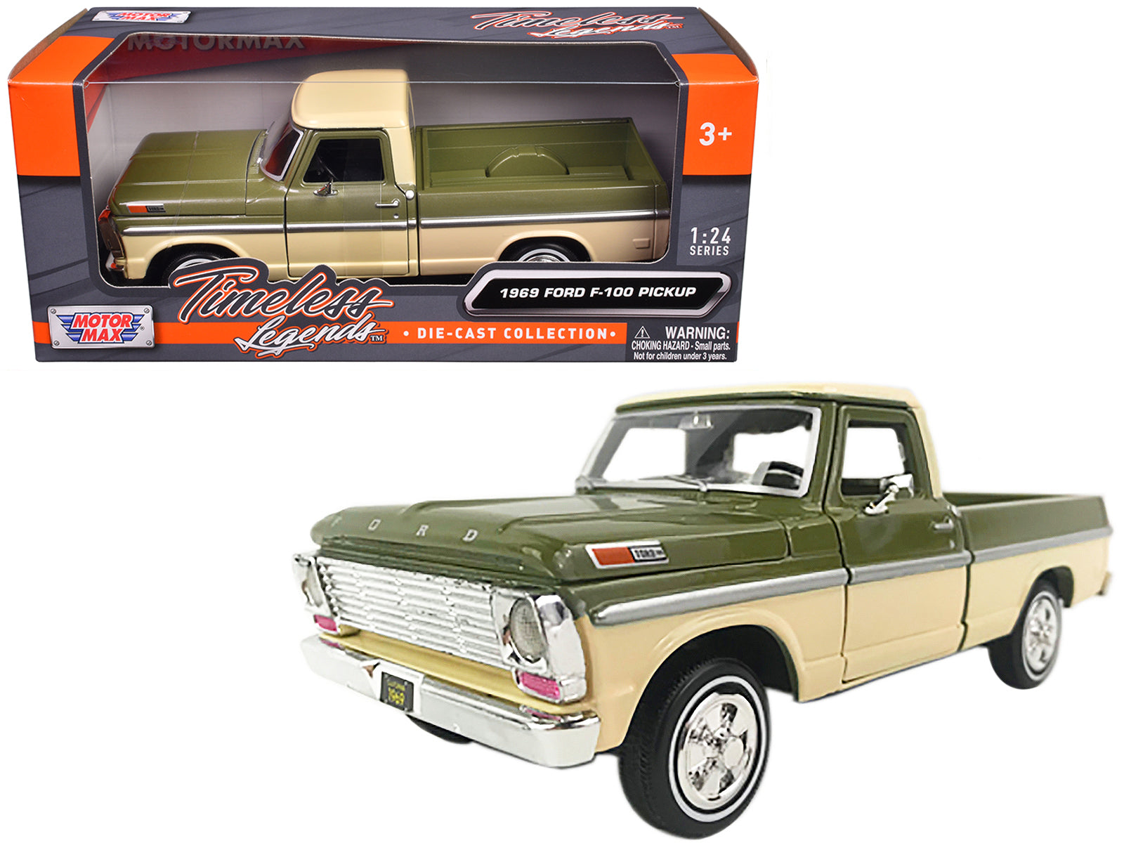 1969 Ford F-100 Pickup Truck Light Green and Cream 1/24 Diecast Model Car by Motormax-DiecastModeler.com