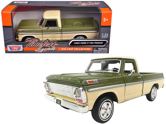 1969 Ford F-100 Pickup Truck Light Green and Cream 1/24 Diecast Model Car by Motormax-DiecastModeler.com