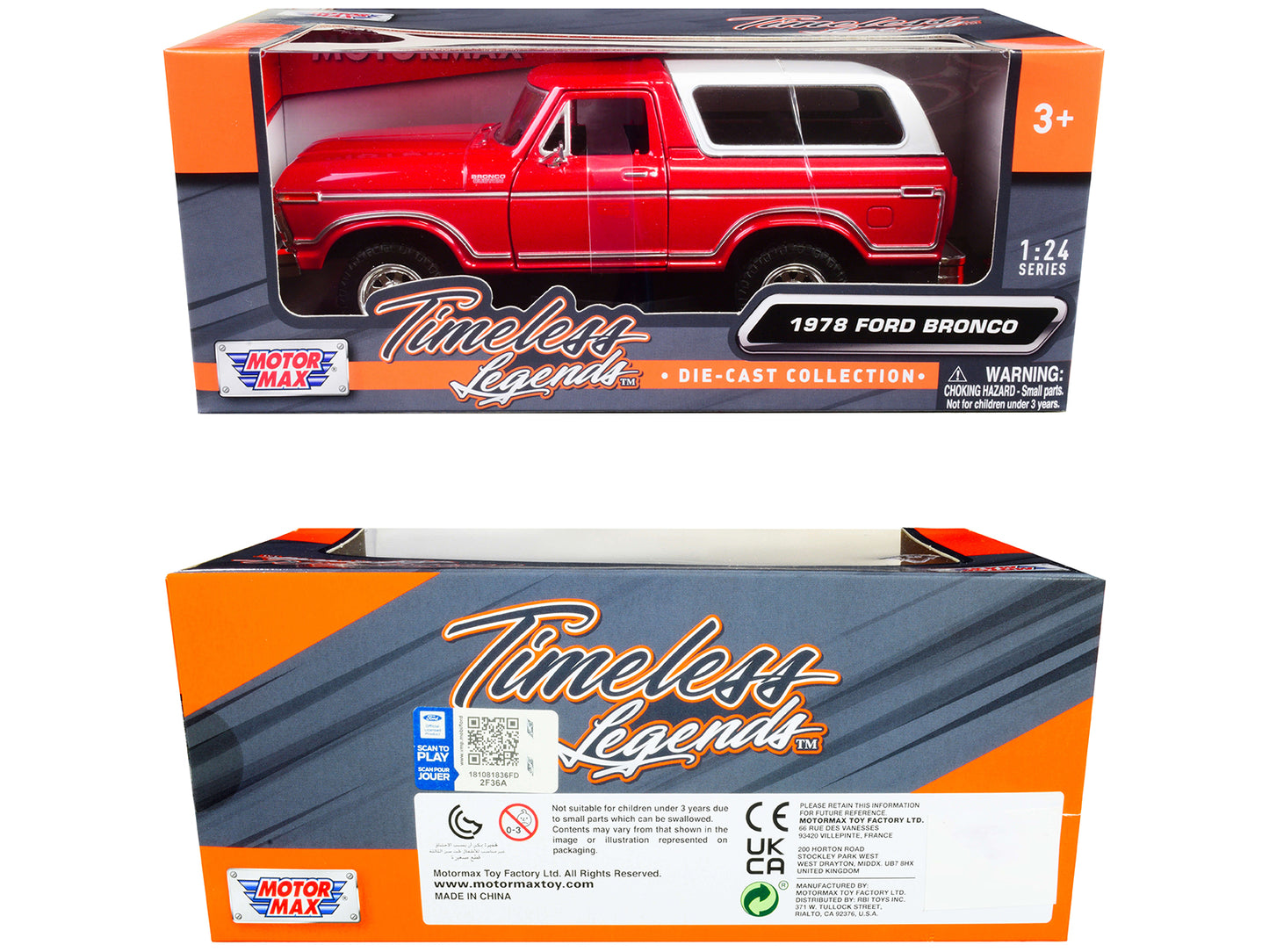 1978 Ford Bronco Custom Red and White "Timeless Legends" Series 1/24 Diecast Model Car by Motormax