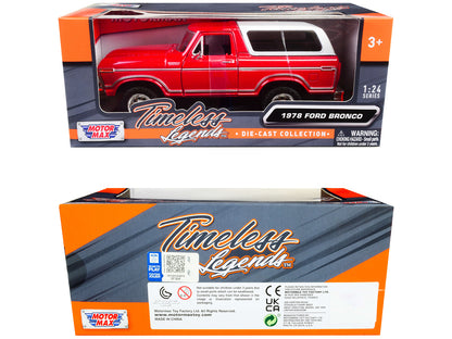 1978 Ford Bronco Custom Red and White "Timeless Legends" Series 1/24 Diecast Model Car by Motormax