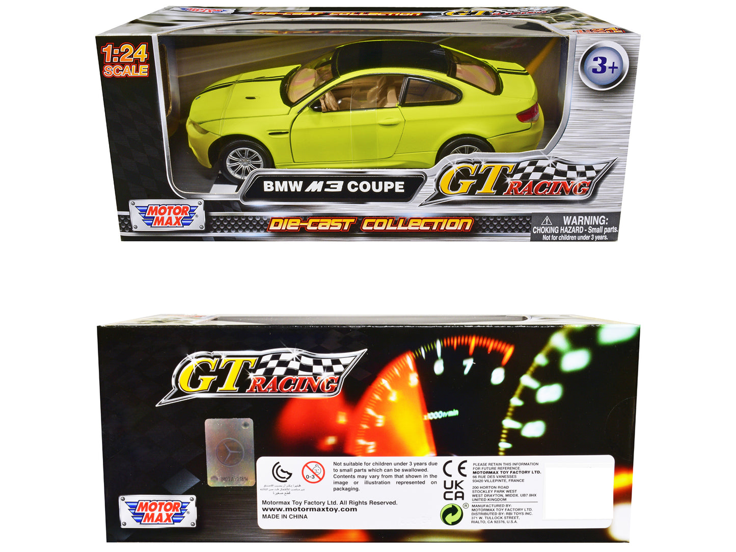 BMW M3 Coupe Neon Yellow with Matt Black Top and Stripes "GT Racing" Series 1/24 Diecast Model Car by Motormax-DiecastModeler.com