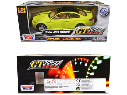 BMW M3 Coupe Neon Yellow with Matt Black Top and Stripes "GT Racing" Series 1/24 Diecast Model Car by Motormax-DiecastModeler.com