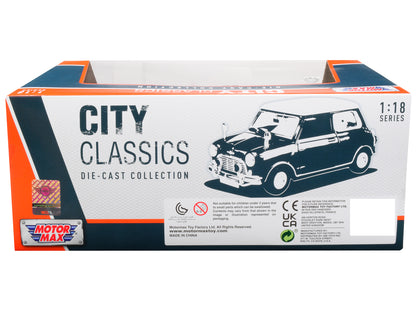1961-1967 Morris Mini Cooper RHD (Right Hand Drive) Dark Blue with British Flag on the Top and Roof Rack "City Classics" Series 1/18 Diecast Model Car by Motormax