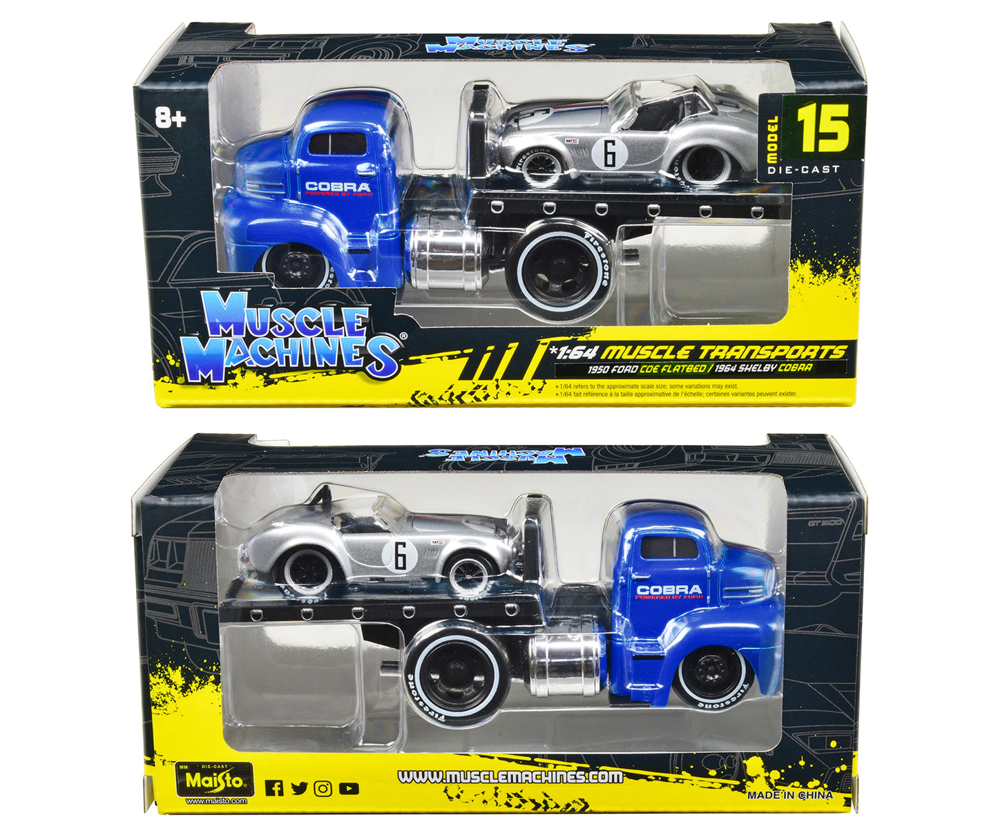 1950 Ford COE Flatbed Truck Blue "Cobra Powered by Ford" and 1964 Shelby Cobra #6 Silver Metallic with Stripes "Muscle Transports" Series 1/64 Diecast Model Cars by Muscle Machines
