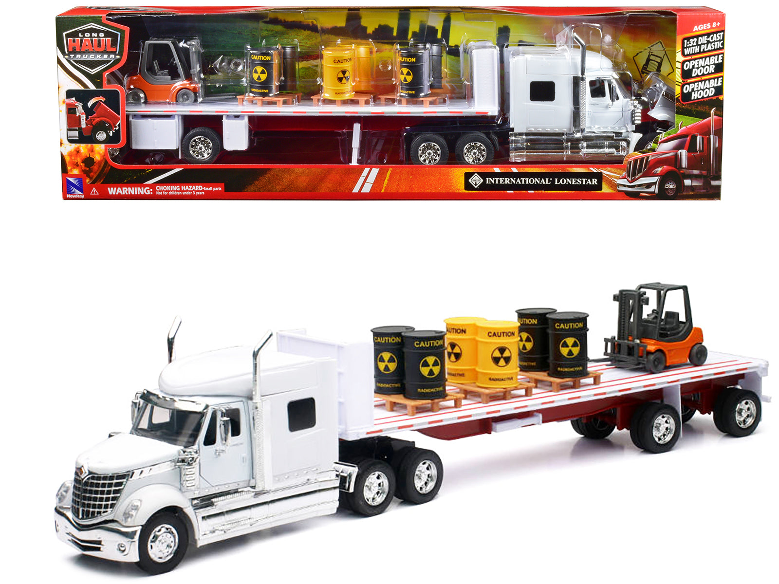 International Lonestar Flatbed Truck White with 6 Toxic Barrels 3 Pallets and Forklift "Long Haul Trucker" Series 1/32 Diecast Model by New Ray-DiecastModeler.com