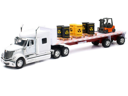 International Lonestar Flatbed Truck White with 6 Toxic Barrels 3 Pallets and Forklift "Long Haul Trucker" Series 1/32 Diecast Model by New Ray