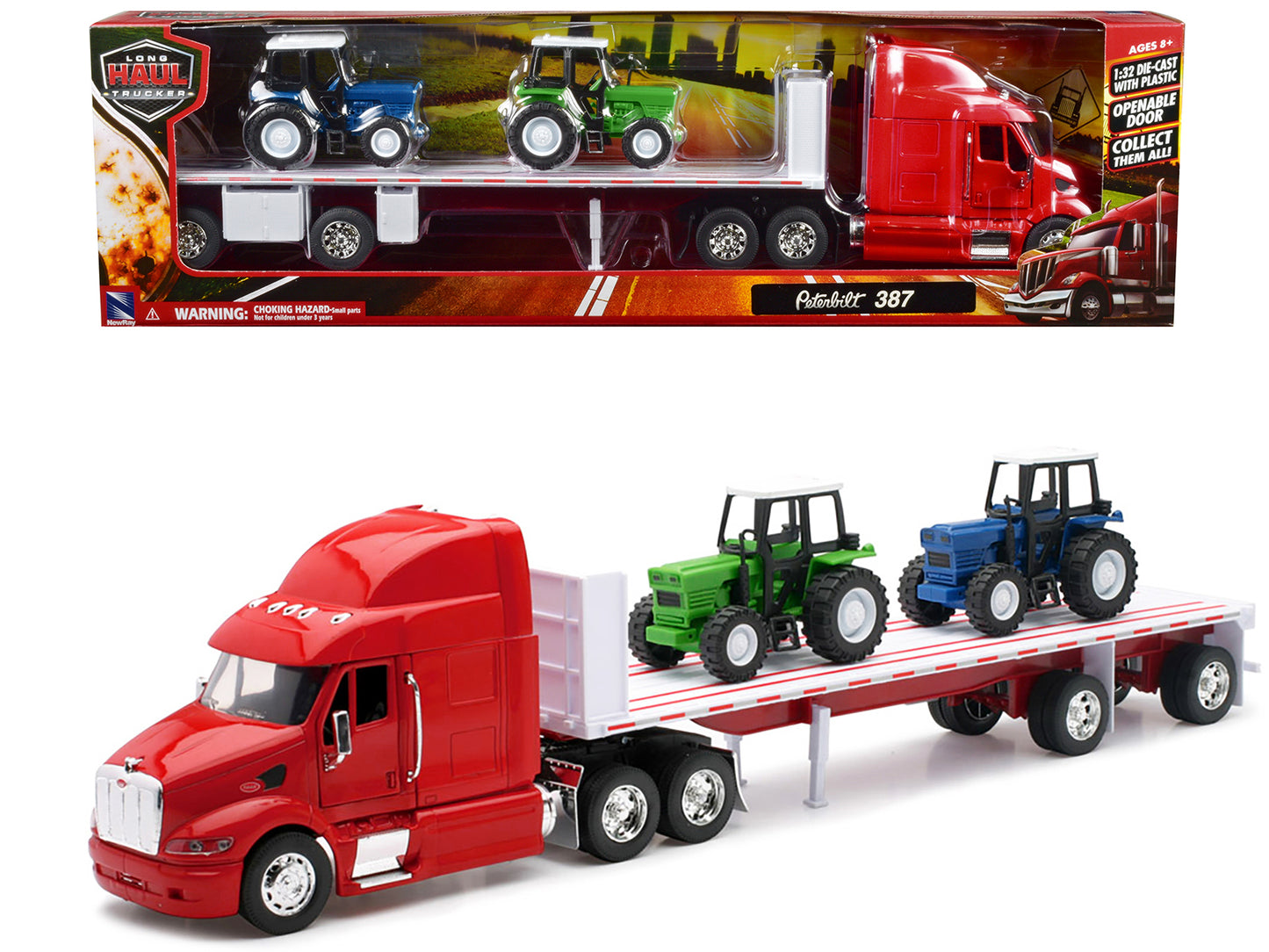 Peterbilt 387 Flatbed Truck Red with 2 Farm Tractors Blue and Green "Long Haul Trucker" Series 1/32 Diecast Model by New Ray-DiecastModeler.com