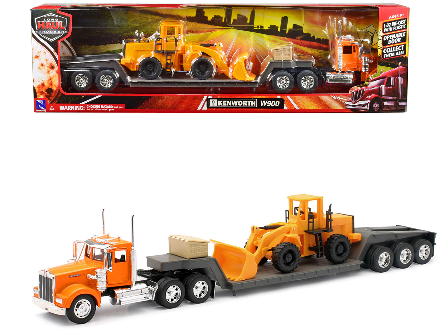 Kenworth W900 Truck with Lowboy Trailer Orange and Wheel Loader Yellow "Long Haul Trucker" Series 1/32 Diecast Model by New Ray-DiecastModeler.com