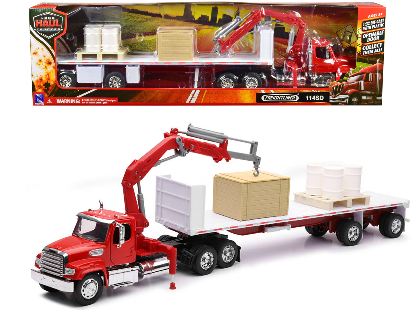 Freightliner 114SD Flatbed Truck with Crane Red with Accessories "Long Haul Trucker" Series 1/32 Diecast Model by New Ray-DiecastModeler.com