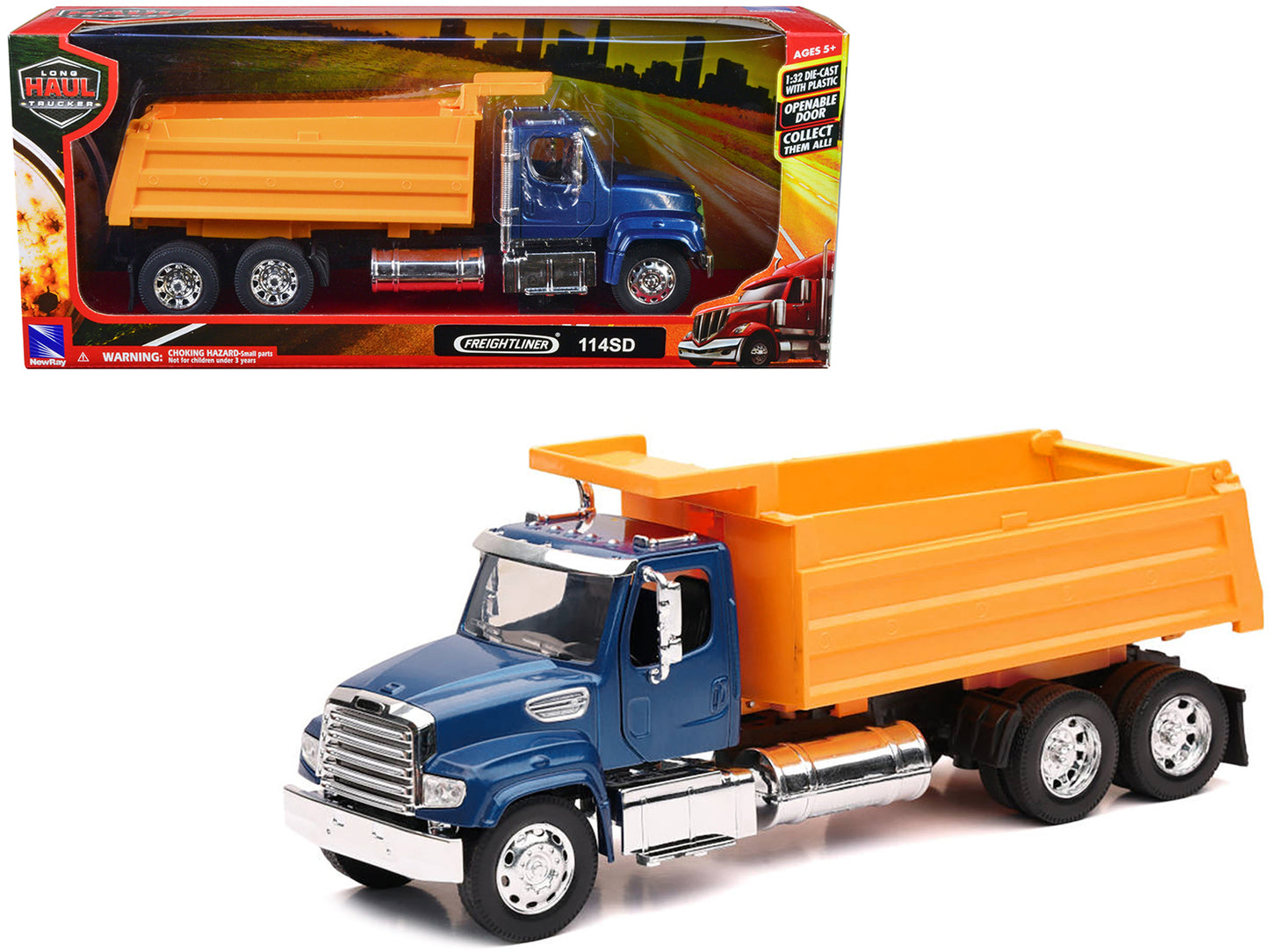 Freightliner 114SD Dump Truck Blue and Yellow "Long Haul Trucker" Series 1/32 Diecast Model by New Ray-DiecastModeler.com