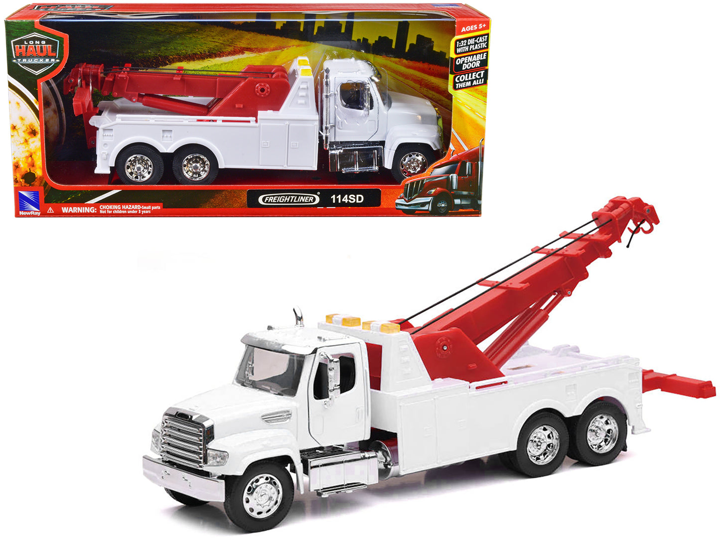 Freightliner 114SD Tow Truck White and Red "Long Haul Trucker" Series 1/32 Diecast Model by New Ray-DiecastModeler.com