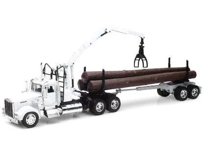 Kenworth W900 Log Hauler with Grabber White with Log Accessories "Long Haul Trucker" Series 1/32 Diecast Model by New Ray