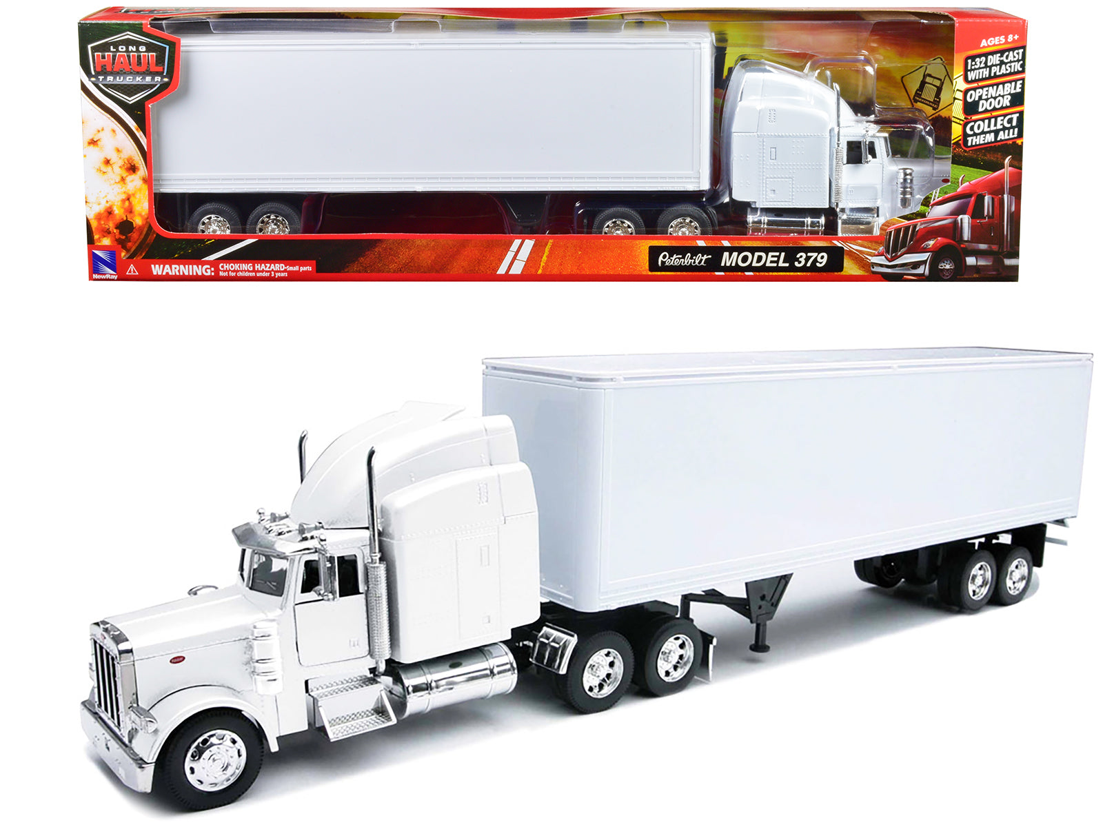 Peterbilt 379 Truck with Dry Goods Trailer White "Long Haul Trucker" Series 1/32 Diecast Model by New Ray-DiecastModeler.com