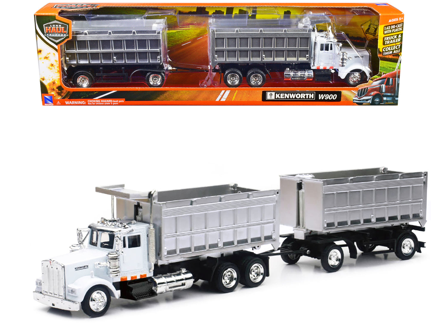 Kenworth W900 Dump Truck with Twin Dump Body White and Chrome "Long Haul Trucker" Series 1/43 Diecast Model by New Ray-DiecastModeler.com