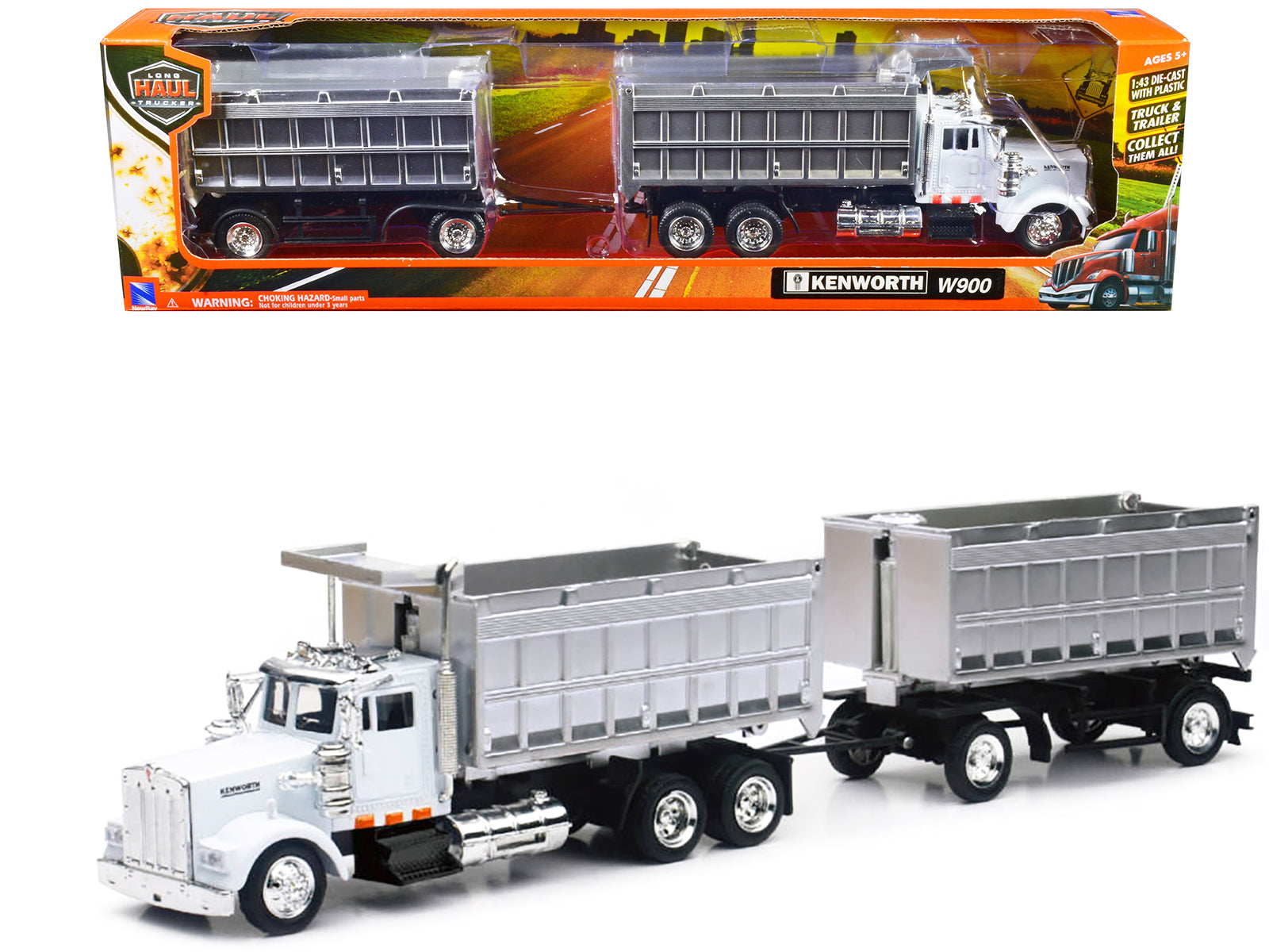 Kenworth W900 Dump Truck with Twin Dump Body White and Chrome "Long Haul Trucker" Series 1/43 Diecast Model by New Ray-DiecastModeler.com