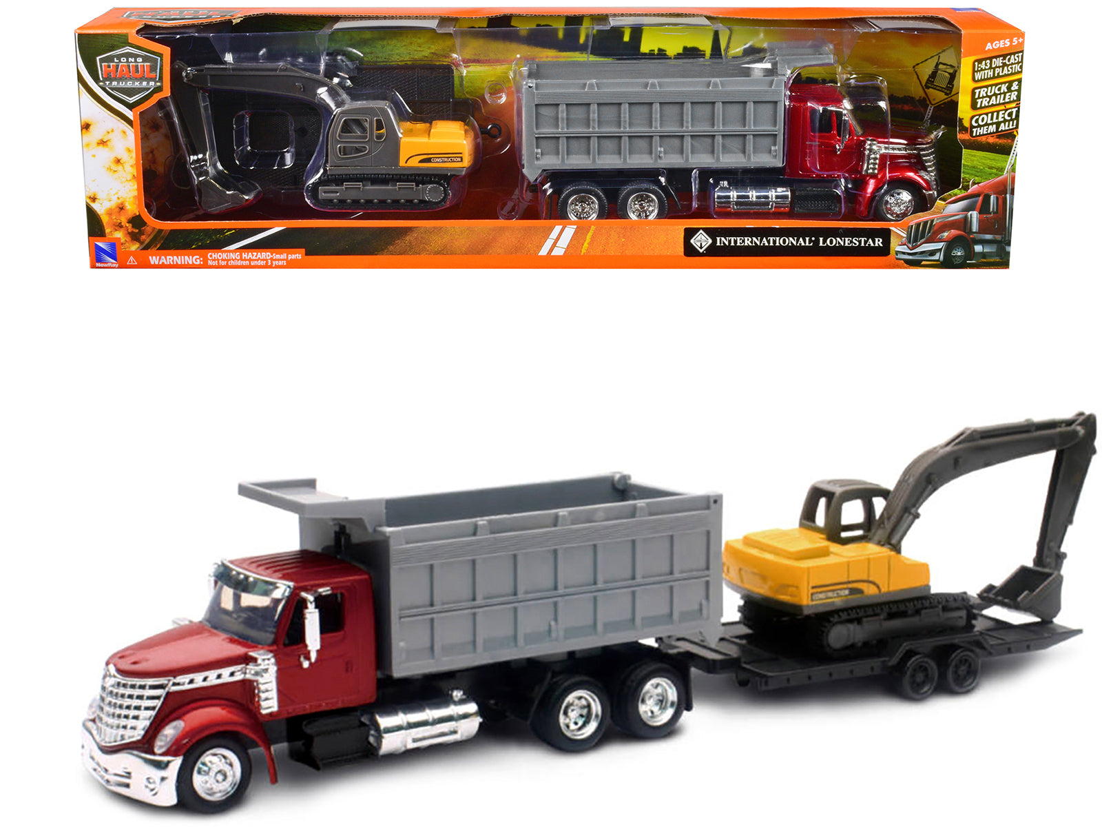 International Lonestar Dump Truck Red and Tracked Excavator Yellow with Flatbed Trailer "Long Haul Truckers" Series 1/43 Diecast Model by New Ray-DiecastModeler.com