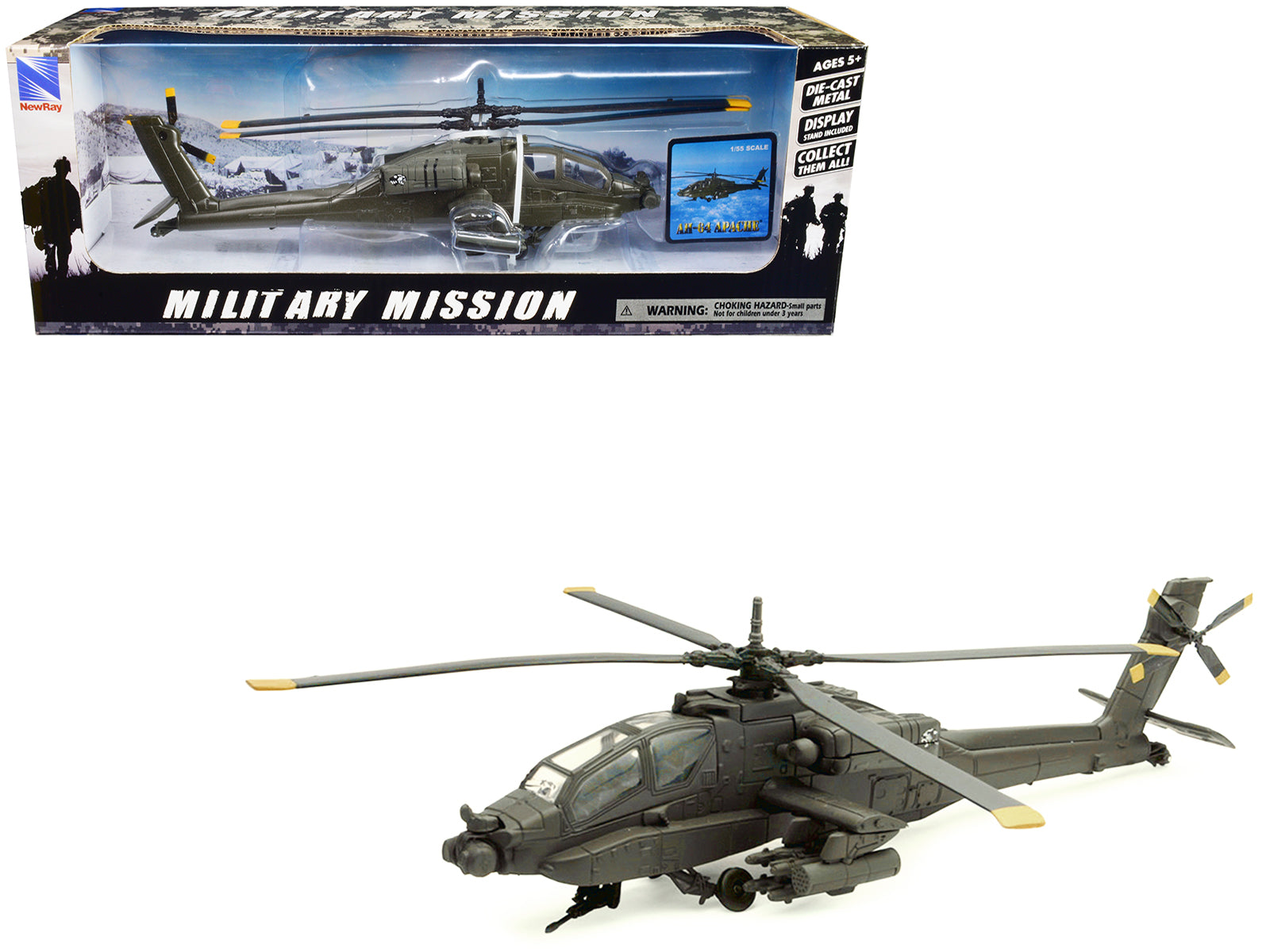 Boeing AH-64 Apache Attack Helicopter Olive Drab "United States Army" "Military Mission" Series 1/55 Diecast Model by New Ray-DiecastModeler.com
