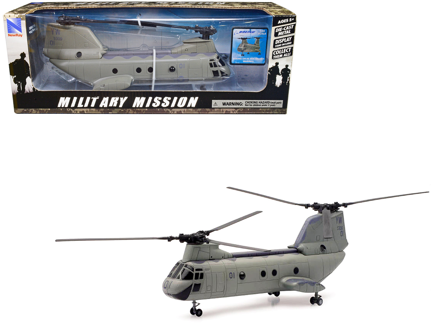 Boeing CH-46 Sea Knight Helicopter Olive Drab "United States Marines" "Military Mission" Series 1/55 Diecast Model by New Ray-DiecastModeler.com