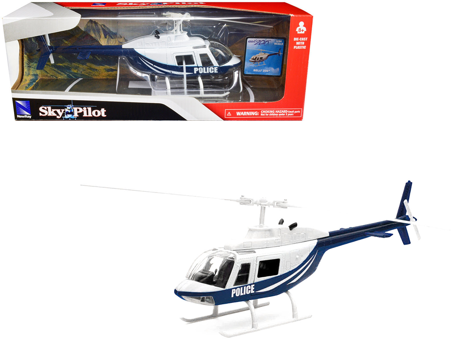 Bell 206 Helicopter Dark Blue and White "Police" "Sky Pilot" Series 1/34 Diecast Model by New Ray-DiecastModeler.com