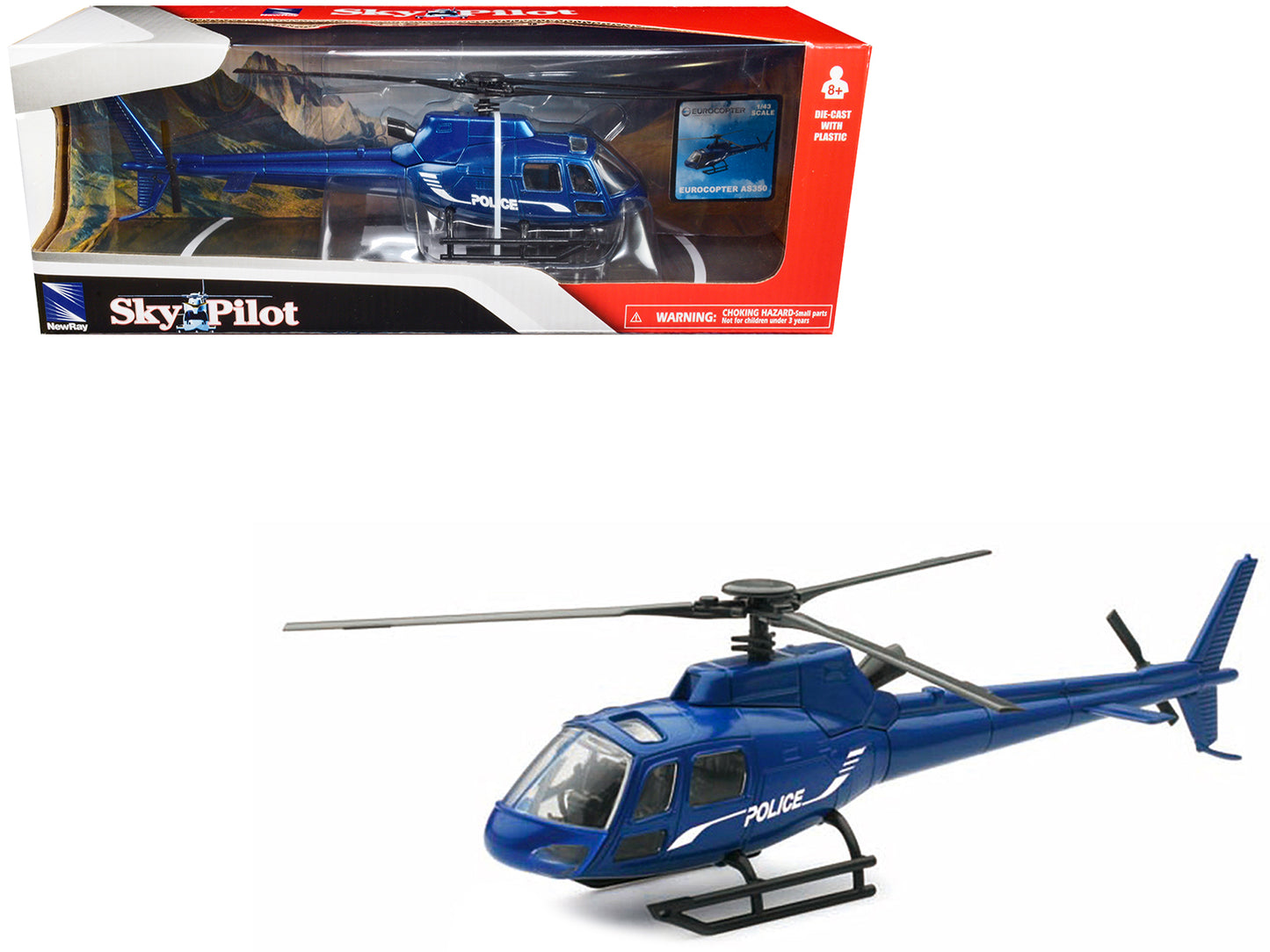 Eurocopter AS350 Helicopter Blue Metallic "Police" "Sky Pilot" Series 1/43 Diecast Model by New Ray-DiecastModeler.com