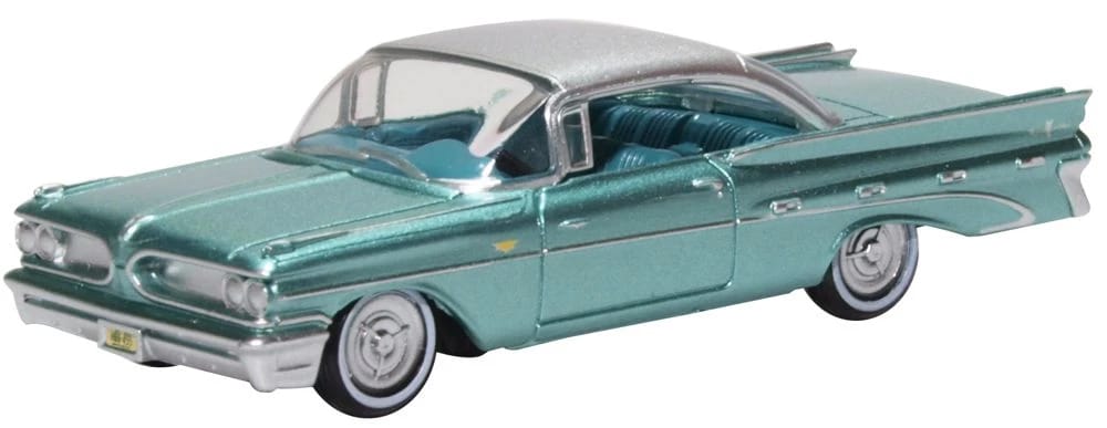 1959 Pontiac Bonneville Coupe Seaspray Green with Silver Top 1/87 (HO) Scale Diecast Model Car by Oxford Diecast