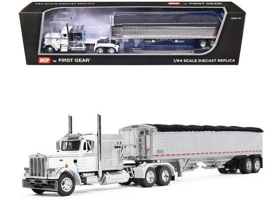 Peterbilt 359 with 60" Vintage Sleeper and 43' Wilson High Side Grain Trailer White and Chrome 1/64 Diecast Model by DCP/First Gear-DiecastModeler.com