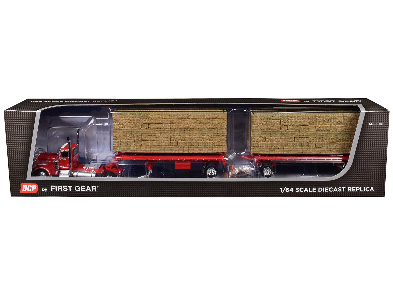 Peterbilt 389 Day Cab with Utility Dual 28.5' Flatbed Trailers with Hay Loads Viper Red with Graphics 1/64 Diecast Model by DCP/First Gear-DiecastModeler.com