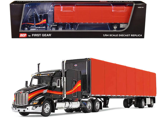 Peterbilt 579 with 72" Mid-Roof Sleeper and 53' Utility RollTarp Trailer Black and Red 1/64 Diecast Model by DCP/First Gear-DiecastModeler.com
