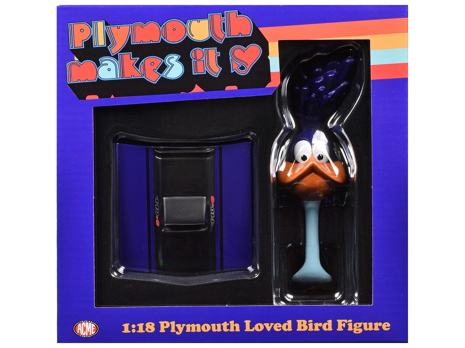Plymouth Loved Bird Figure with Plum Crazy Hood Stand 1/18 Diecast Model by ACME-DiecastModeler.com